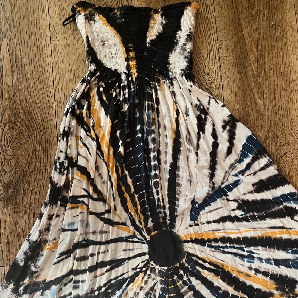 T Party Fashion Strapless Tie-Dye Dress - Black, Orange, White